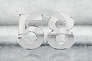 Chrome 3d number 58. Glossy chrome number on scratched metal background. 3d render