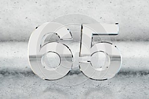 Chrome 3d number 65. Glossy chrome number on scratched metal background. 3d render