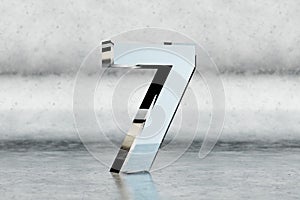 Chrome 3d number 7. Glossy chrome number on scratched metal background. 3d rendered font character.
