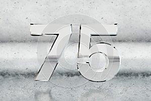 Chrome 3d number 75. Glossy chrome number on scratched metal background. 3d render