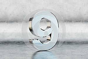 Chrome 3d number 9. Glossy chrome number on scratched metal background. 3d rendered font character.