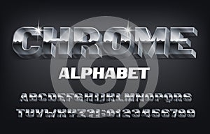 Chrome alphabet font. 3D effect bold metallic letters, numbers and symbols with shadow.