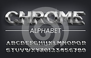 Chrome alphabet font. 3D effect oblique metallic letters, numbers and symbols with shadow.