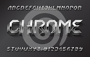 Chrome alphabet font. 3D futuristic metallic letters and numbers with shadow.