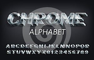 Chrome alphabet font. 3D metallic letters, numbers and symbols with shadow.
