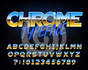 Chrome alphabet font. Chrome effect letters and numbers on dark background.