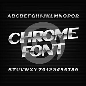 Chrome alphabet font. Metal effect letters and numbers on a dark background.