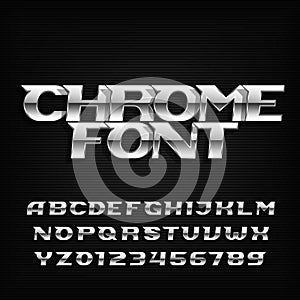 Chrome alphabet font. Metallic effect italic letters and numbers on a dark background.