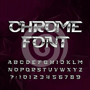Chrome alphabet font. Metallic effect italic letters and numbers on a dark polygonal background.
