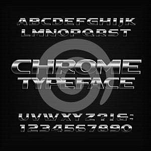 Chrome alphabet font. Metallic effect oblique letters, numbers and symbols. photo