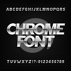 Chrome alphabet font. Metallic effect sans serif letters and numbers on a dark background.