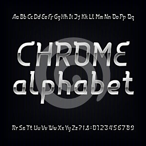 Chrome alphabet font. Modern metallic lowercase, uppercase letters and numbers
