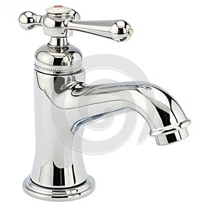 Chrome bathroom faucet isolated on white background photo