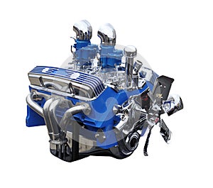 Chrome and Blue V8 Classic Car Engine