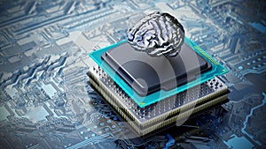 Chrome brain on the CPU installed on the mainboard. 3D illustration