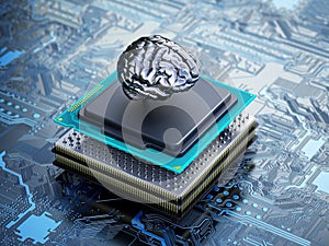 Chrome brain on the CPU installed on the mainboard. 3D illustration