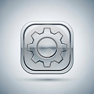 Chrome-colored 3D gear icon enclosed in a rounded square. The gear features