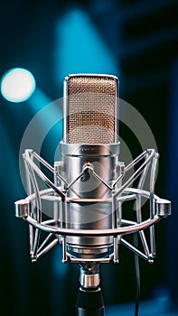 Chrome condenser microphone close up on stage, professional audio equipment