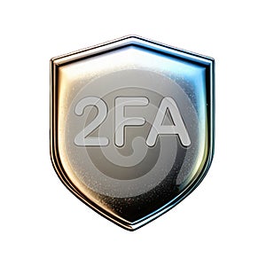 Chrome 3D icon, outline of a shield with the inscription 2FA, two-factor authentication,