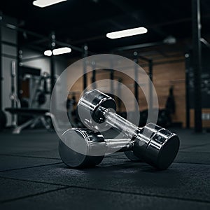 Chrome Dumbbells Resting in a Dark Gym: A Moody Fitness Image photo