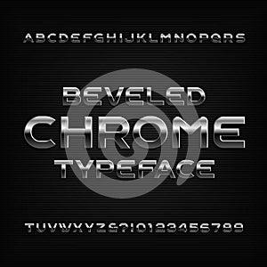 Chrome effect alphabet font. Metal beveled letters numbers and symbols.