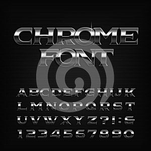Chrome effect alphabet font. Metal oblique letters, numbers and symbols.