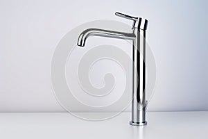 Chrome faucet on white surface with white background. Generative AI