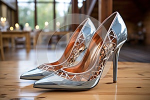 Chrome Glamour: Metallic High Heels with Geometric Detailing