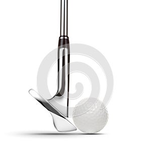 Chrome Golf Club Wedge Iron and Golf Ball on White Background