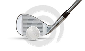Chrome Golf Club Wedge Iron and Golf Ball on White Background