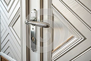 Chrome handle with keyhole on white door with panels photo