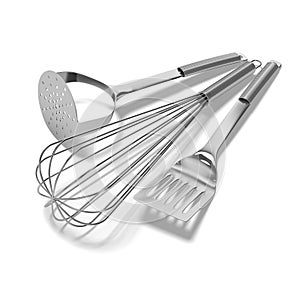 Chrome kitchen utensils on white background