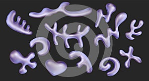 Chrome Liquid Shapes in Y2K Style. 3D vector illustration metal abstract liquid shapes and fluid forms, all in an