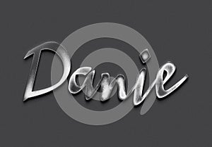 Chrome metal 3D name design of Danie on grey background.