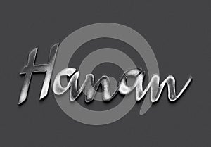 Chrome metal 3D name design of Hanan on grey background.