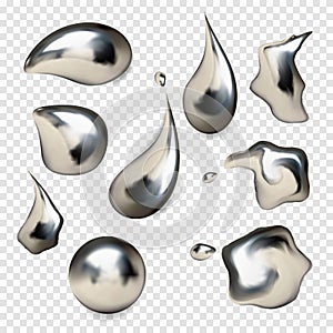 Chrome metal droplet set realistic on white background