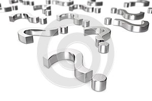 Chrome, metallic question marks on a white background with the effect depth of field. 3d rendering