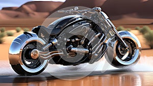 a chrome motorcycle with a black and white seat on a wet road