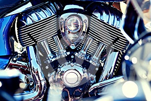 Chrome motorcycle engine close up view