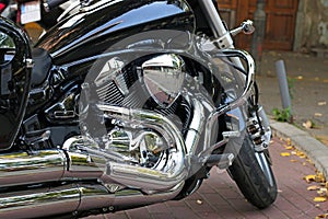 Chrome motorcycle engine closeup