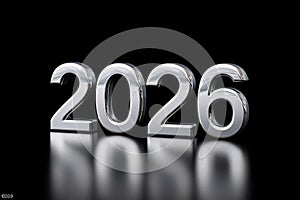 Modern chrome numbers representing the year 2026 on a reflective surface