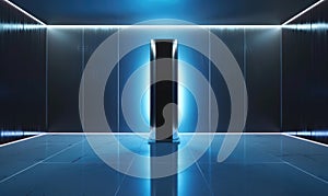 Chrome pedestal with sleek design, high-tech digital screen backdrop