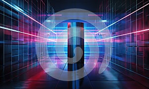 Chrome pedestal with sleek design, high-tech digital screen backdrop