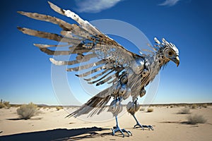 Chrome-plated metal robot bald eagle, sky background. The concept of freedom. AI generated.