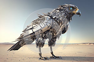 Chrome-plated metal robot bald eagle, sky background. The concept of freedom. AI generated.