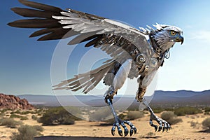 Chrome-plated metal robot bald eagle, sky background. The concept of freedom. AI generated.