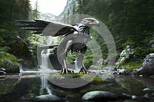 Chrome-plated metal robot bald eagle, sky background. The concept of freedom. AI generated