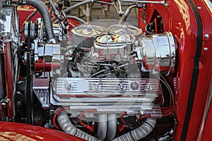 Chrome-plated retro car engine close-up