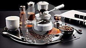 A Chrome Portafilter Espresso Machine on a Black Marble Plate White Espresso Cups Background Selective Focus