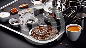 A Chrome Portafilter Espresso Machine on a Black Marble Plate White Espresso Cups Background Selective Focus